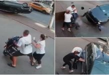 Bebek arabası ile kaldırımda yürüyen aile son anda kurtuldu